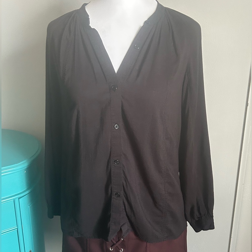 Lucky Brand Solid Black Poet Button Down Collarless Split Neck Blouse